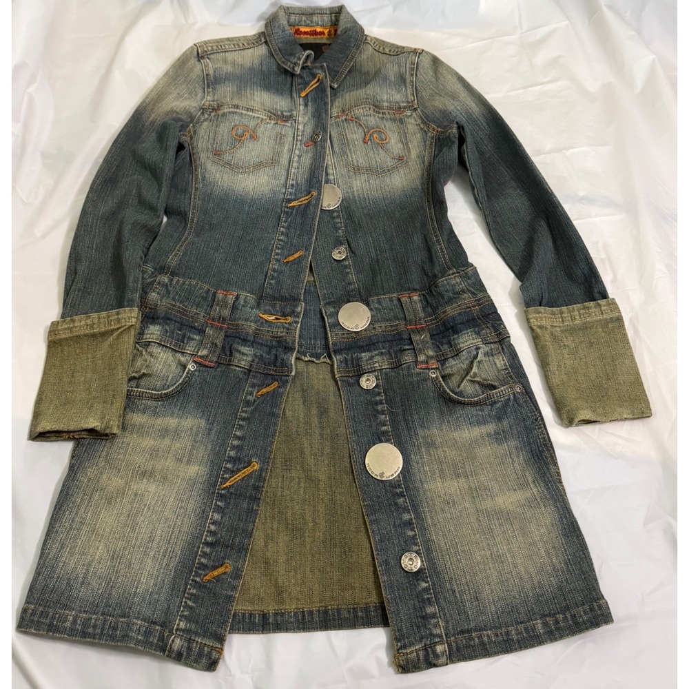 Rocawear Womens Y2K Denim Jean Dress Trench Jacket S Faded Blue Streetwear